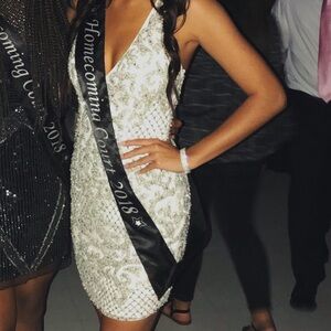 Elegant Primavera Silver and White Rhinestone Dress